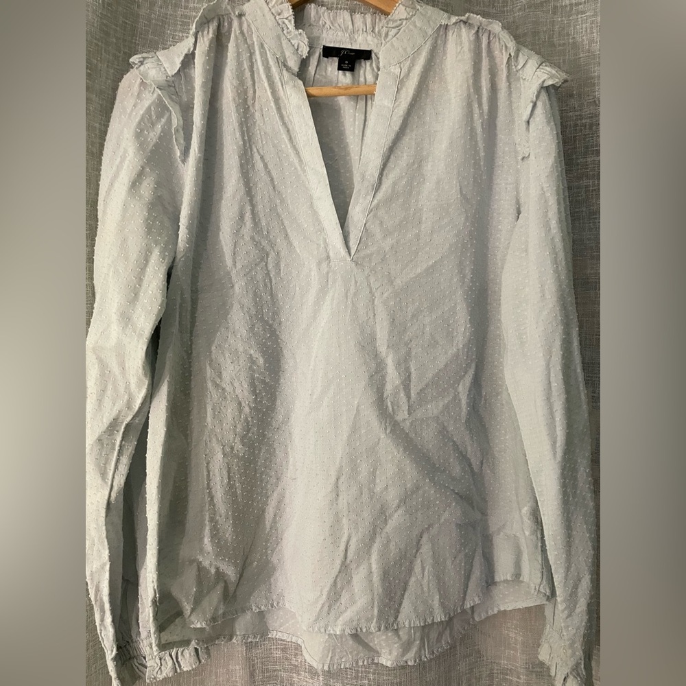 J. Crew Soft Gray Ruffle Trim Clip Dot Blouse, Size S